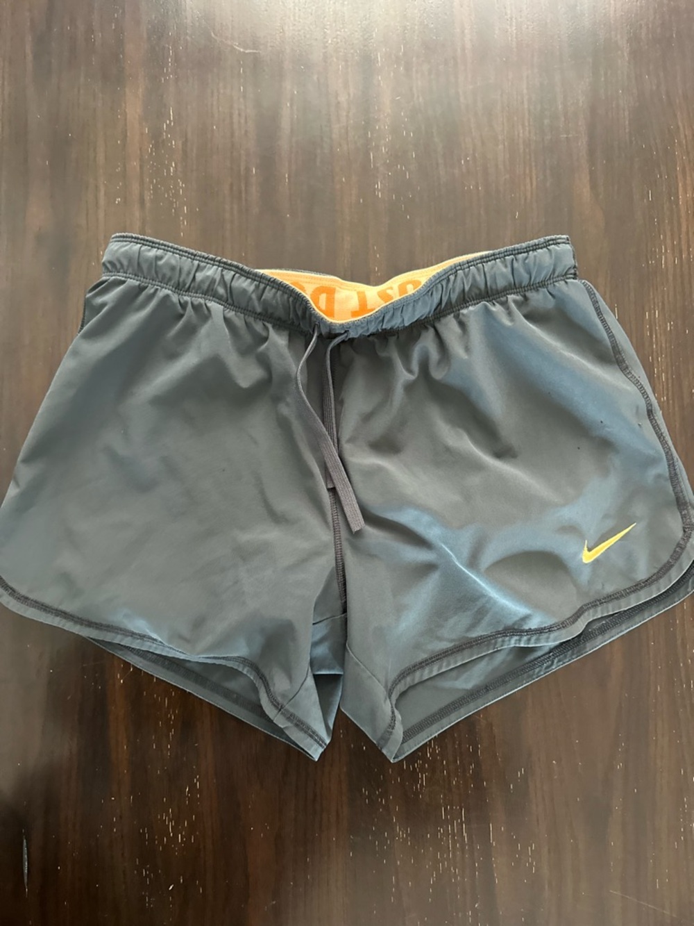Nike Gray Running Shorts with Yellow Swoosh